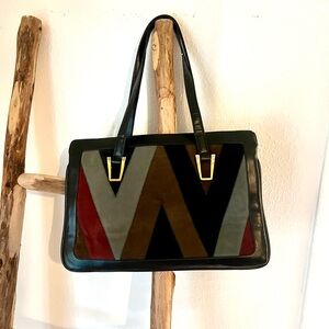 Vintage Black Brown Burgundy Grey Patchwork Chevron Shoulder Bag with Mirror
